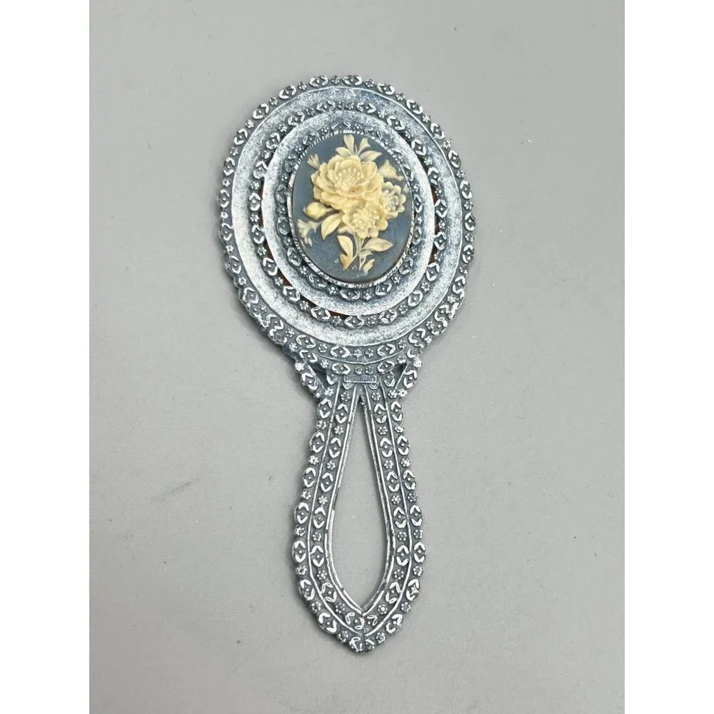 Vintage Florenza Small Hand Mirror Dusty Blue Enamel with Floral Resin Cameo
